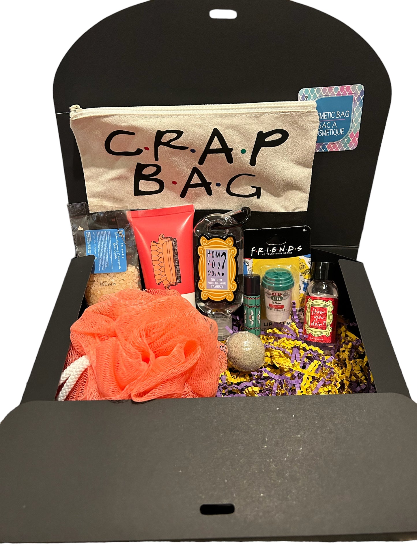 Friends themed bath and body care package, gift set. Crap bag, cosmetic, self care, college care package, gift for her,