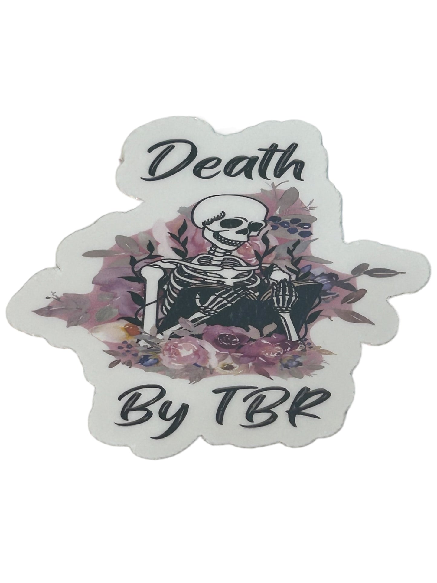 Death by TBR gift set with mug, metal bookmark, and vinyl waterproof sticker, skeleton death by to be read readers gift set, book lovers