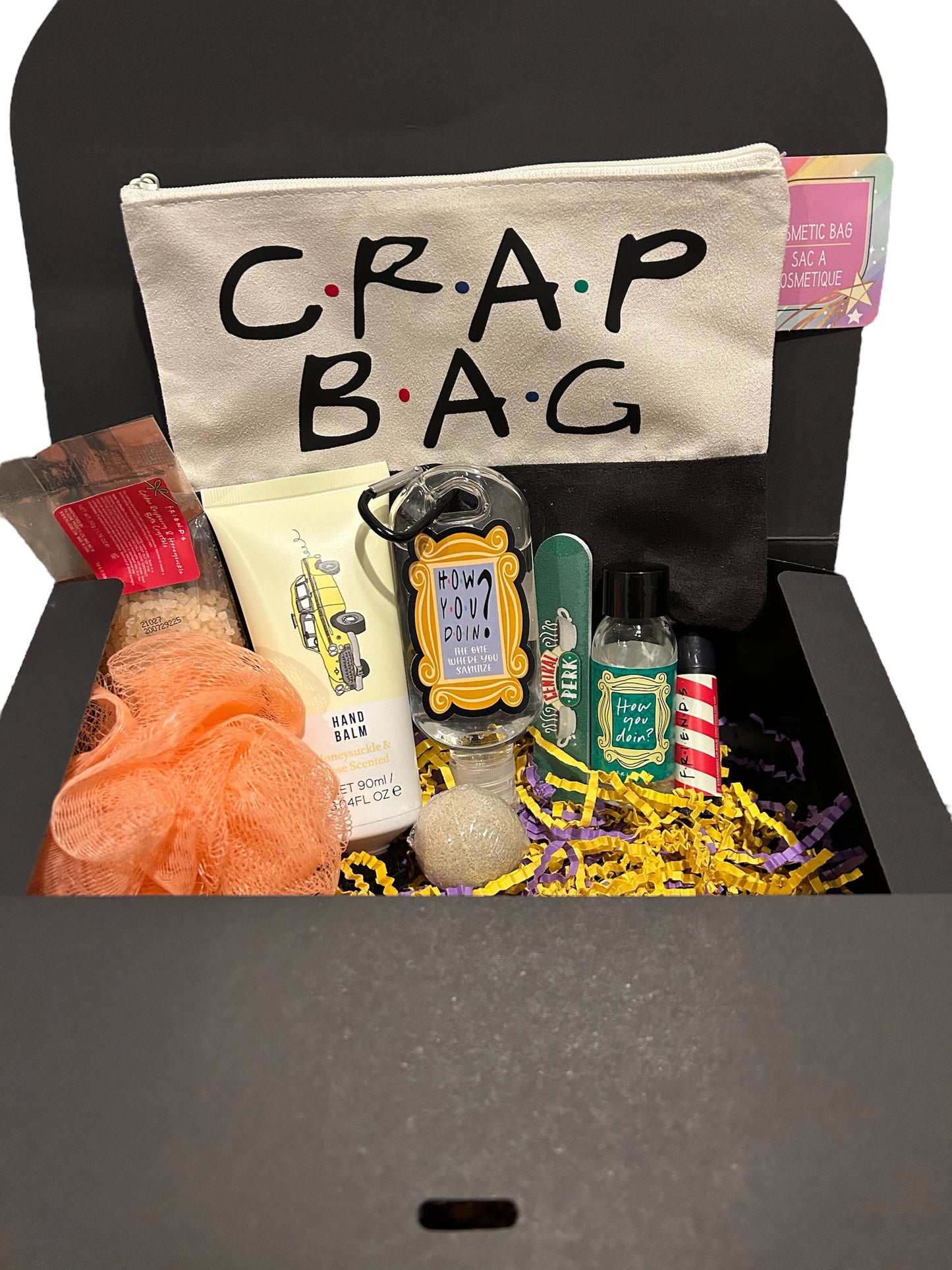 Friends themed bath and body care package, gift set. Crap bag, cosmetic, self care, college care package, gift for her,