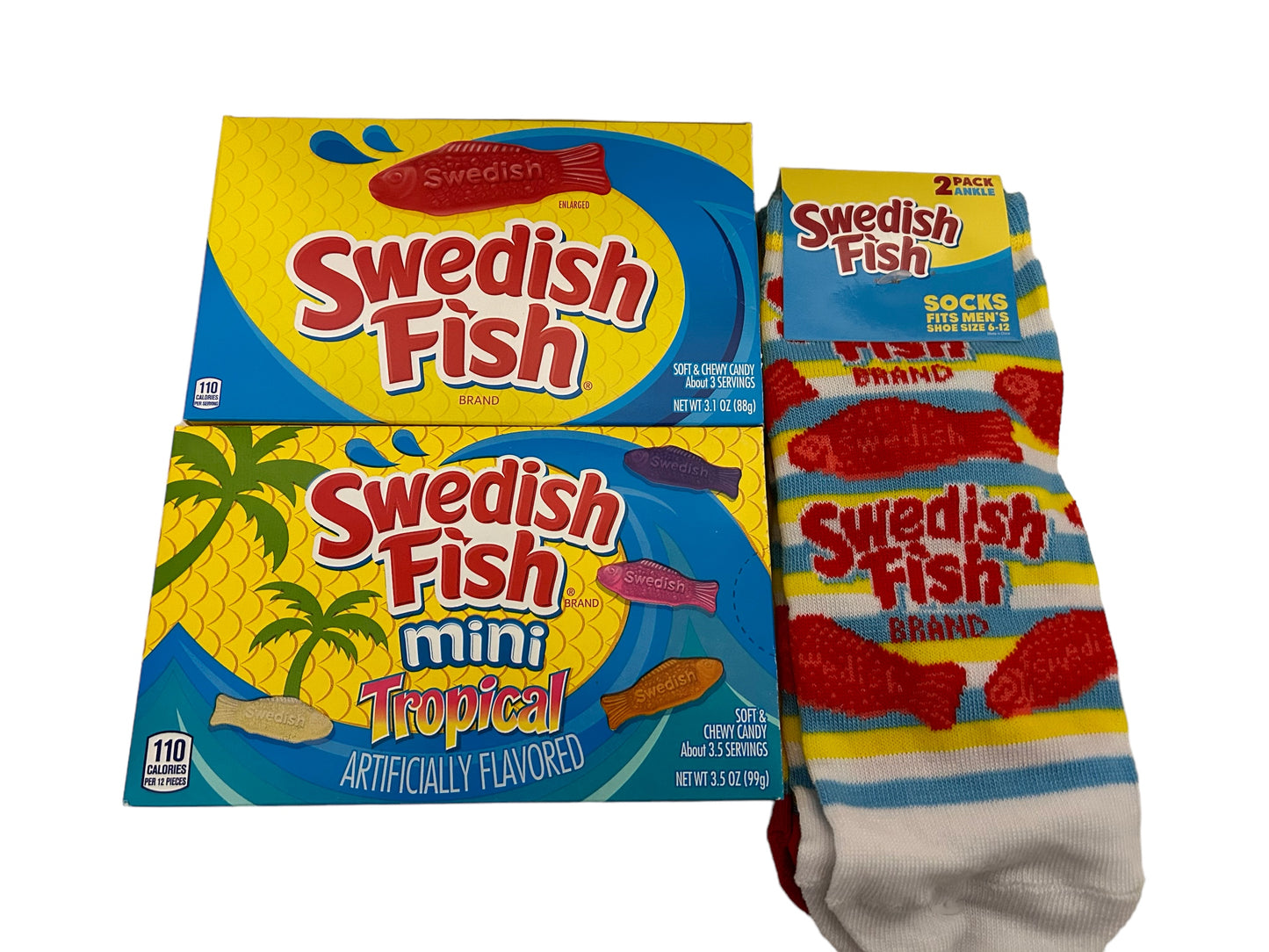 You’re o’fish’ally almost done - fish themed care package gift set. Gold fish and Swedish fish candy gift for college students and kids with socks and candy