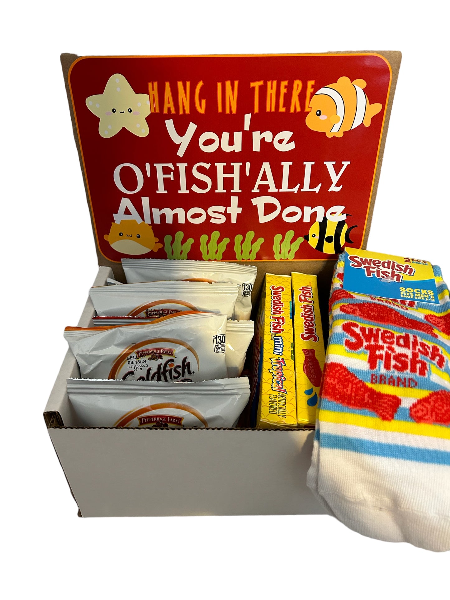 You’re o’fish’ally almost done - fish themed care package gift set. Gold fish and Swedish fish candy gift for college students and kids with socks and candy