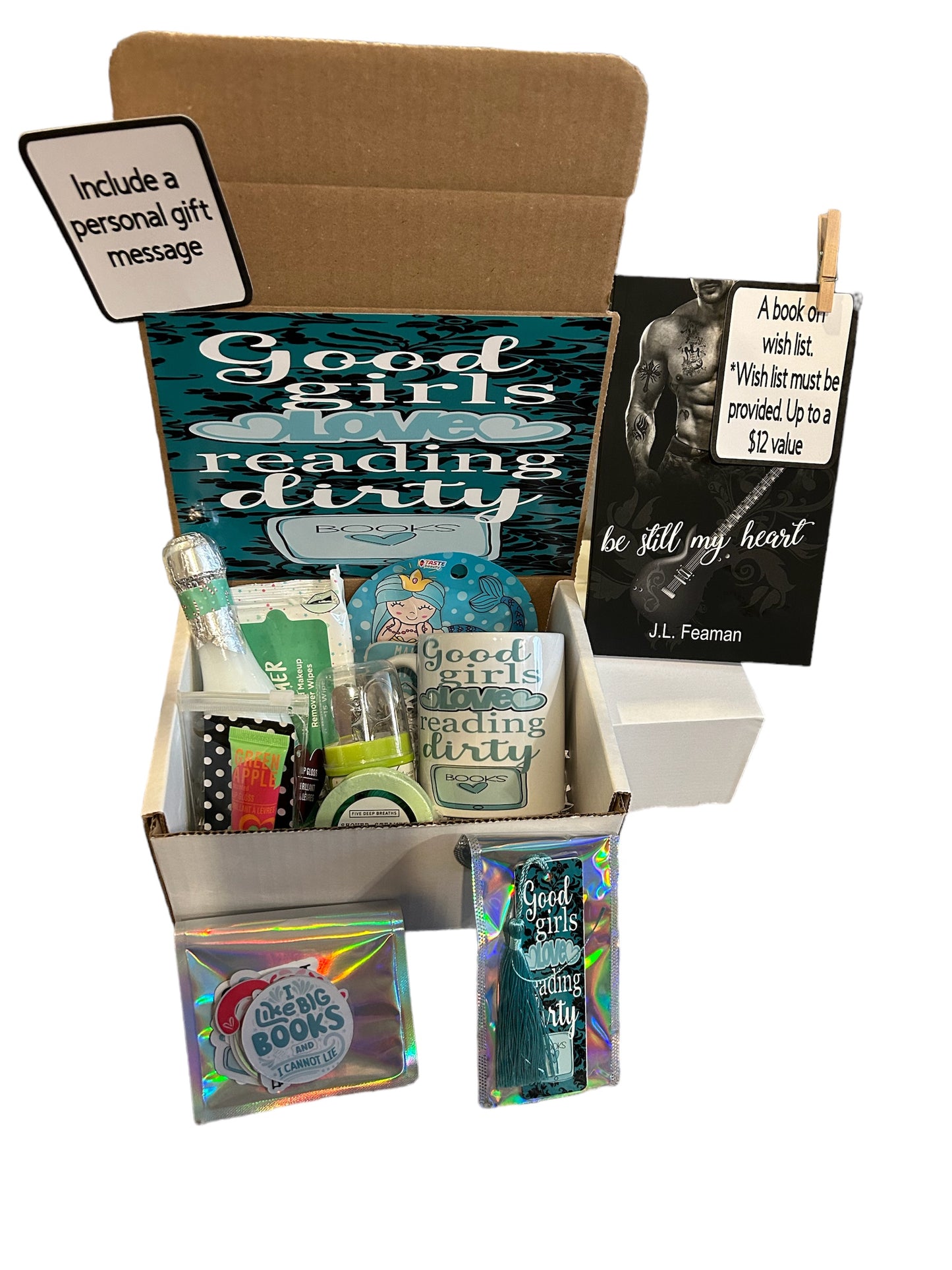 Good Girls Love Reading Dirty Books box gift set with personalized book selection. Romance books, smut, novels, book nerds, relax and read gift set,blind date with a book