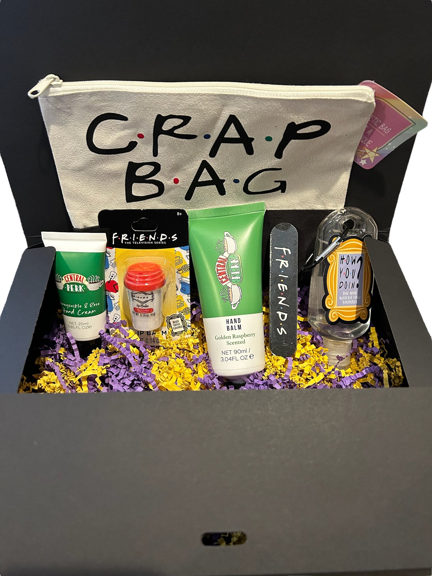 Friends themed bath and body care package, gift set. Crap bag, cosmetic, self care, college care package, gift for her,