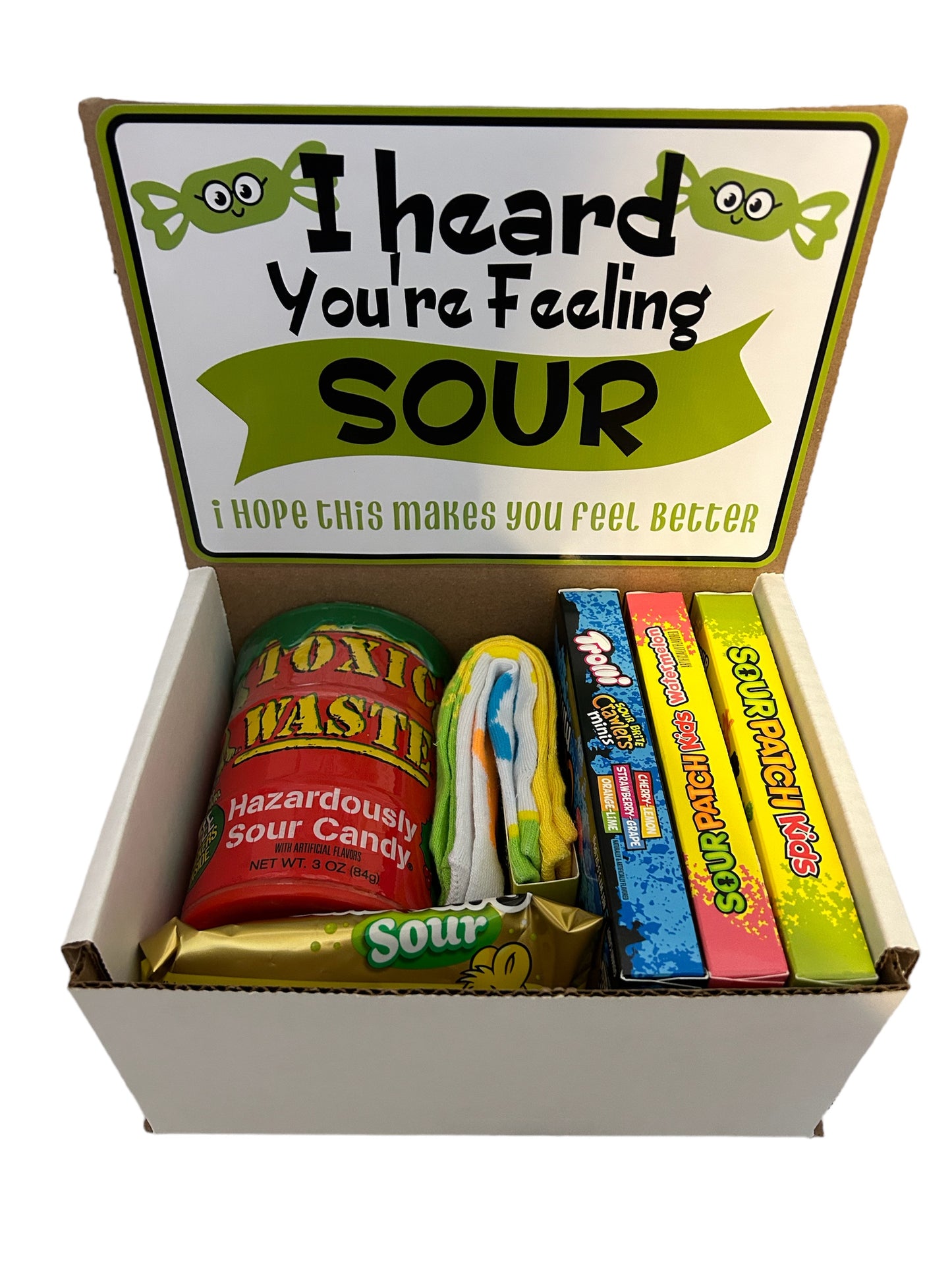 I heard you’re feeling sour care package with candy and socks. Sour candy, sour patch kids themed gift set, college care package, gift for kids, get well soon, motivational