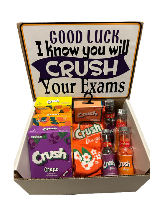 Good luck I know you will crush your exams, Crush soda pop themed final exam college care package, gift set, crush jelly belly jelly beans, crush socks