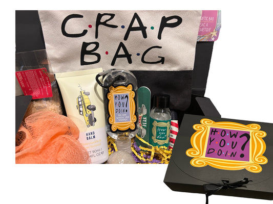 Friends themed bath and body care package, gift set. Crap bag, cosmetic, self care, college care package, gift for her,