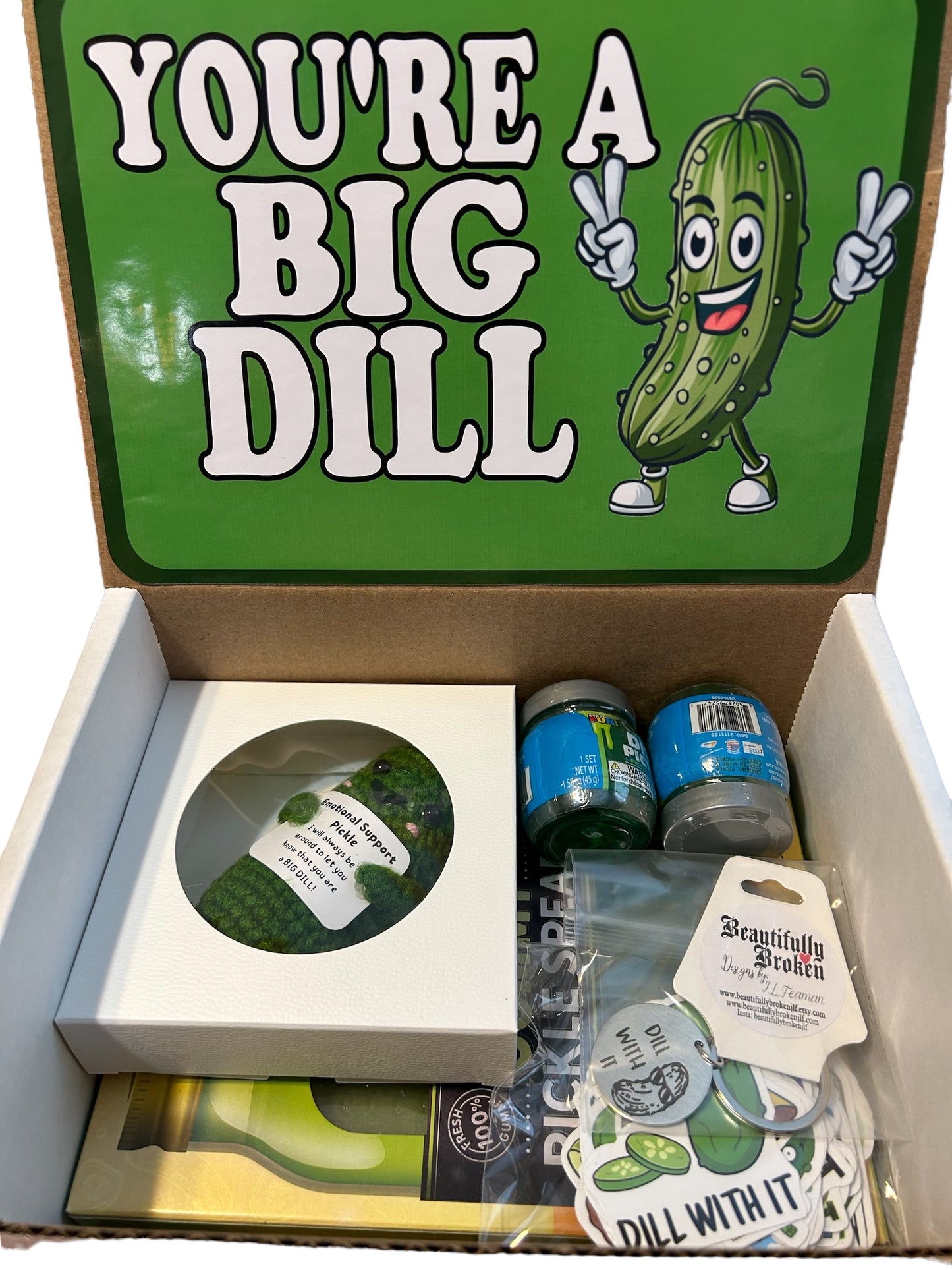 You’re a big dill pickle themed care package, pickle themed gift set, emotional support pickle, pickle stickers, pickle box set