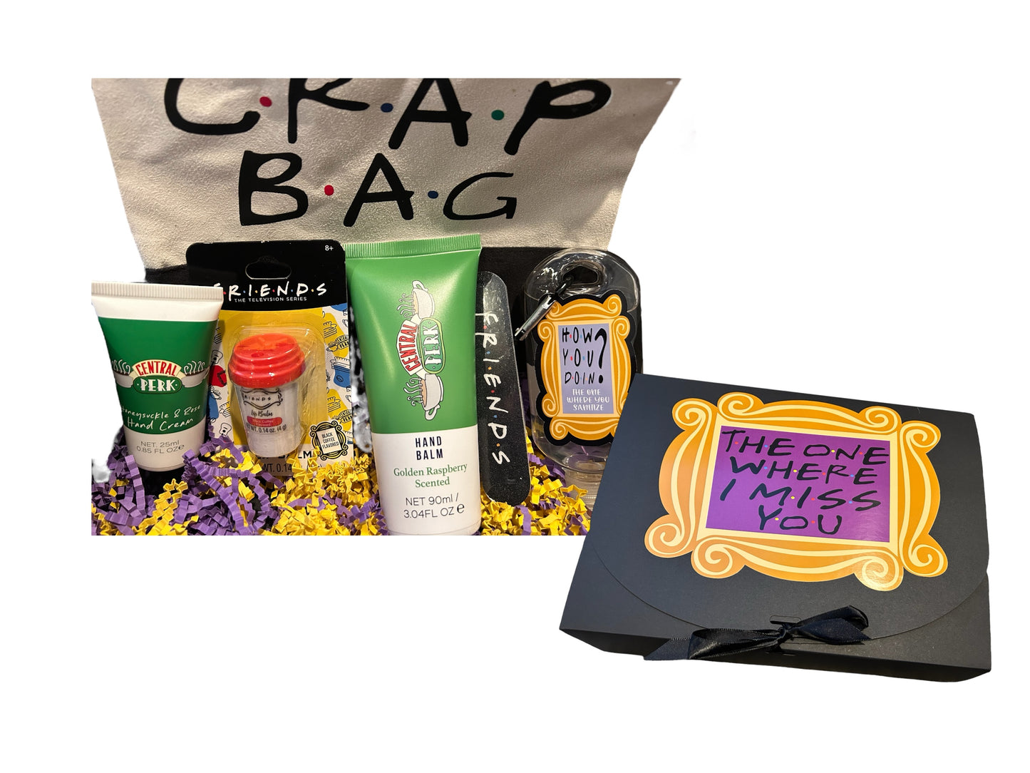 Friends themed bath and body care package, gift set. Crap bag, cosmetic, self care, college care package, gift for her,