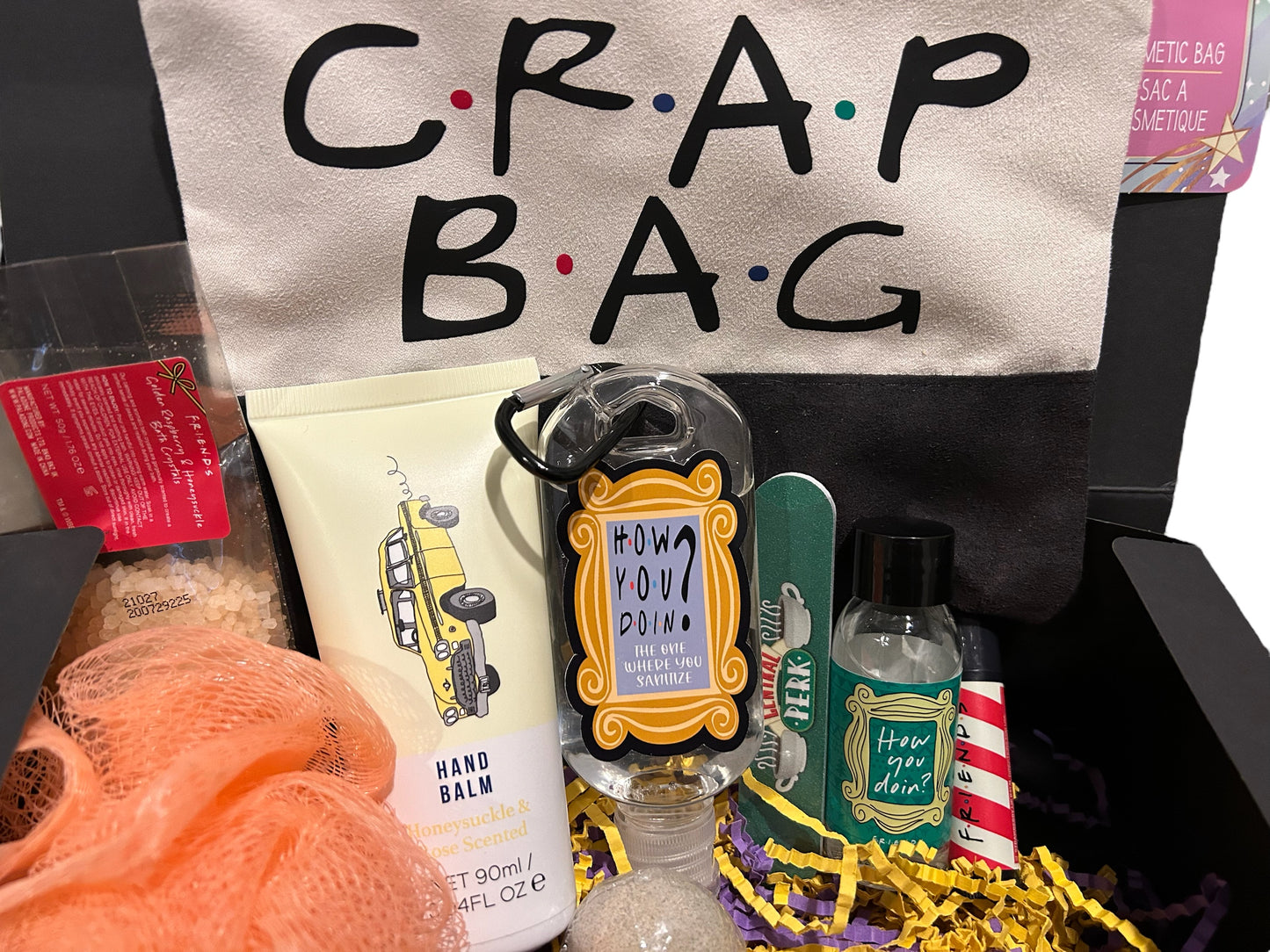 Friends themed bath and body care package, gift set. Crap bag, cosmetic, self care, college care package, gift for her,