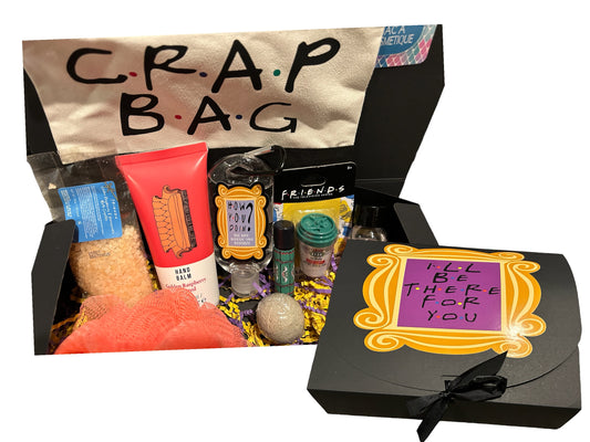 Friends themed bath and body care package, gift set. Crap bag, cosmetic, self care, college care package, gift for her,