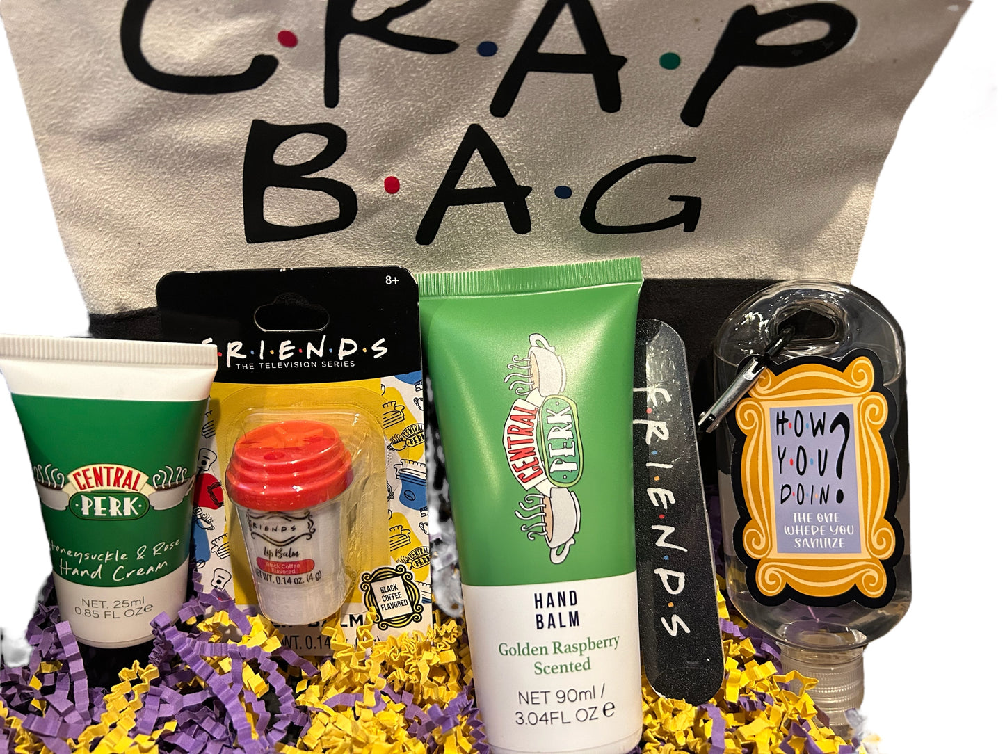 Friends themed bath and body care package, gift set. Crap bag, cosmetic, self care, college care package, gift for her,