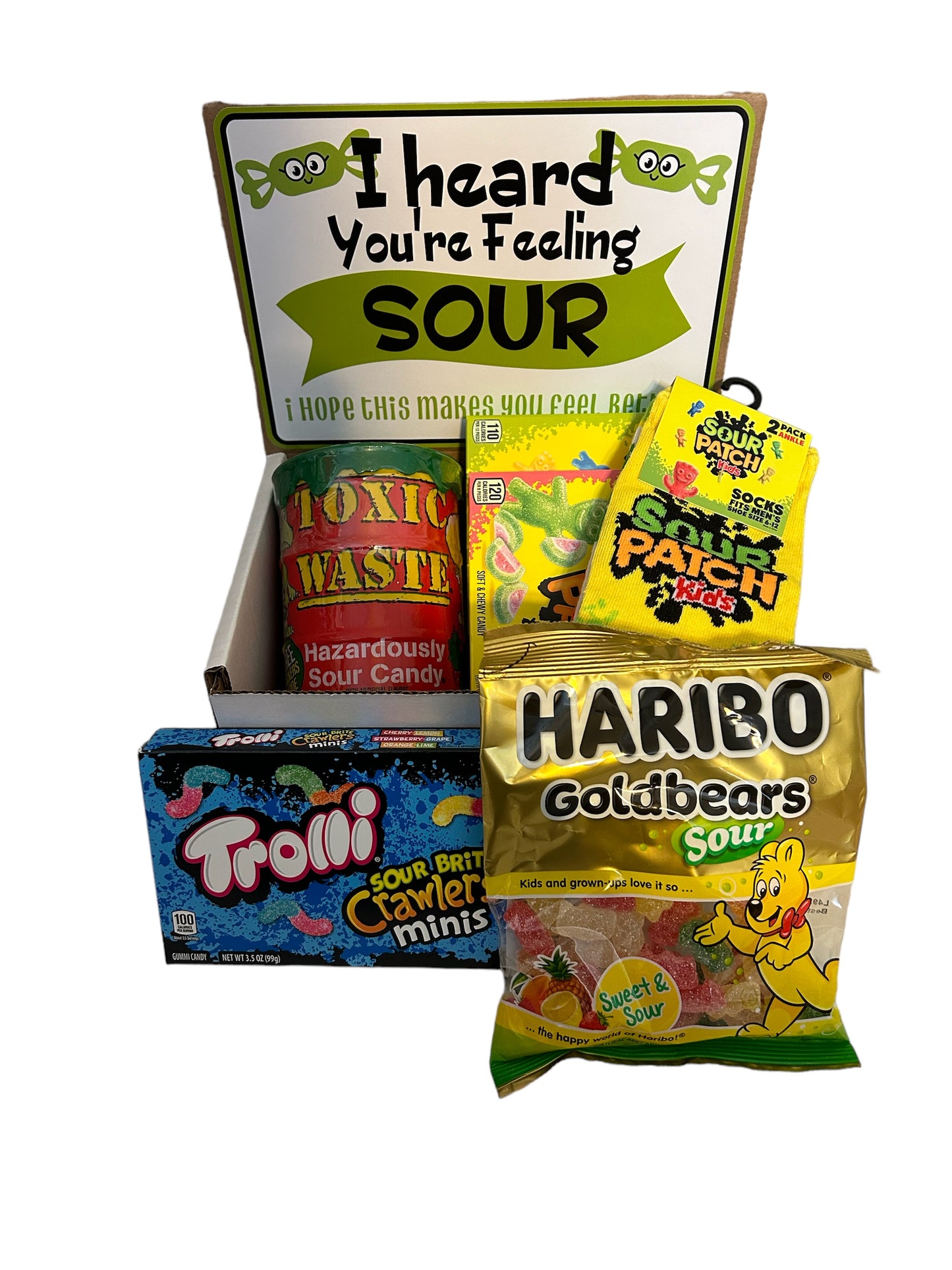 I heard you’re feeling sour care package with candy and socks. Sour candy, sour patch kids themed gift set, college care package, gift for kids, get well soon, motivational