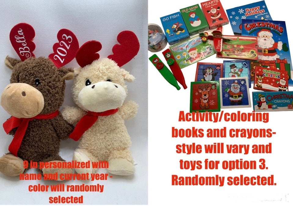 Personalized Christmas Eve Kit. Several Options-Milk & Cookies, Hot Cocoa Mug Set, Reindeer Food/Dust, Activities, Book, Stuffed Moose, toys