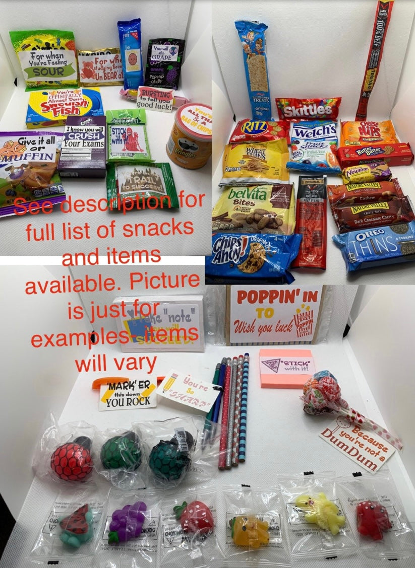 Final Exam Survival Kit College Care Package - Build your own: snacks, personalized tumbler, supplies, reusable boxes