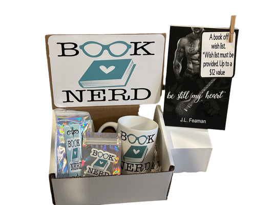 Book Nerd gift box set- add your own book, with mug, bookmark, and sticker. Book lovers, romance, novels, coffee and a book, blind date with a book