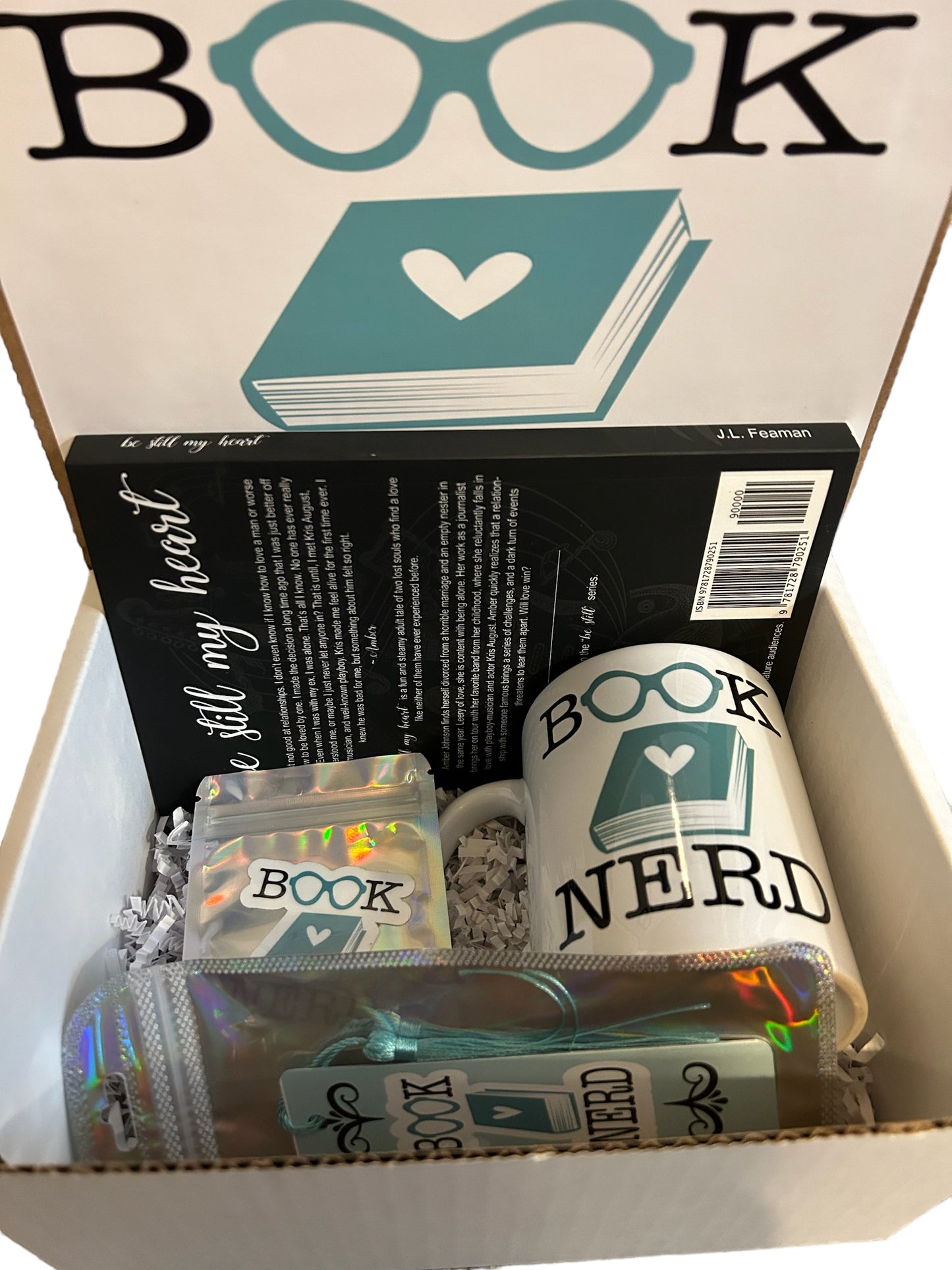 Book Nerd gift box set- add your own book, with mug, bookmark, and sticker. Book lovers, romance, novels, coffee and a book, blind date with a book