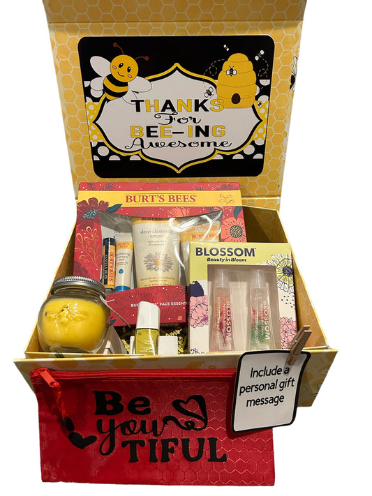 Thanks for “bee-ing”awesome, bee themed gift set, care package, gift for her, college care package, Burt’s Bees,