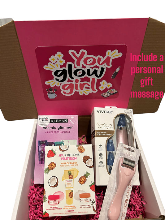 You “glow” girl celebratory gift set, care package, facial, skin care themed, gift for her, college care package, gift for friends