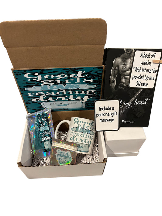 Good girls love reading dirty books care package, book box, with personalized book choice, mug, bookmark, sticker. Romance reader, smut, blind date with a book