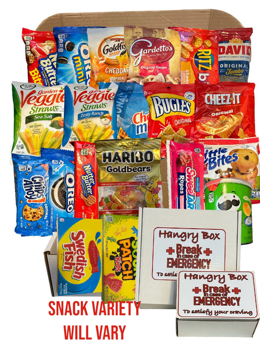 Hangry box - break in case of emergency snack box, college care package, snack gift set, final exam,