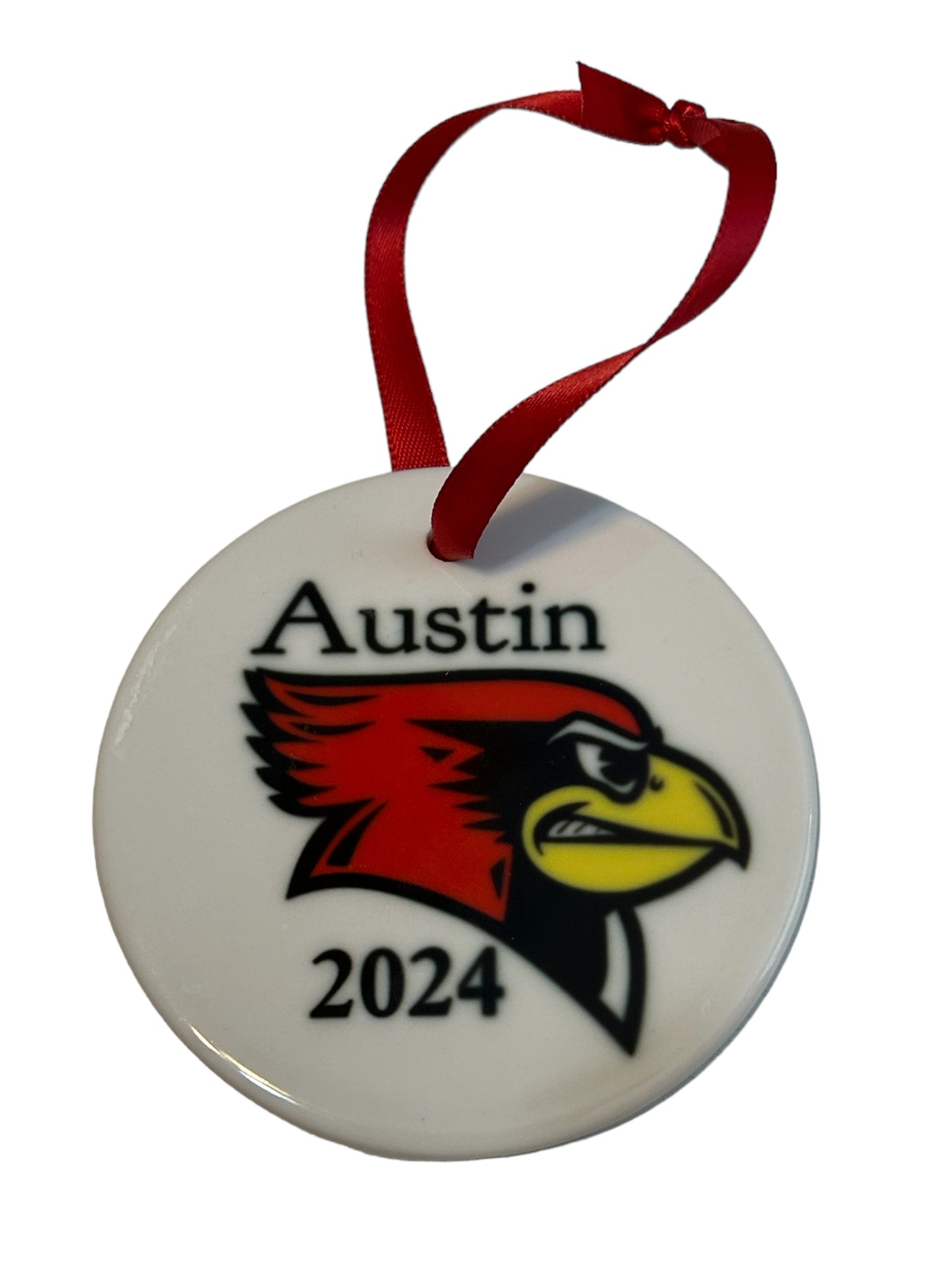 Personalized Illinois State University Christmas ornament, ISU redbird, with graduation year