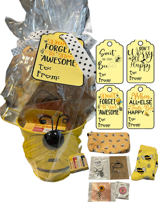 Bumblebee themed gift set, bee college care package, motivational final exam gift set, 4 gift tag messages to choose from, bee socks, bee charm, bee keychain, bee bag, Burt’s bees lip balm