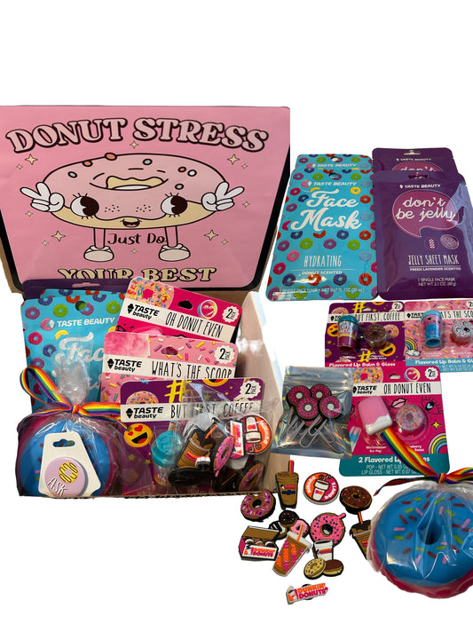 Donut stress, just do your best, donut themed care package, college final exam care package, donut themed gift set, motivational box set, dunkin, shoe charms, relaxation gift set