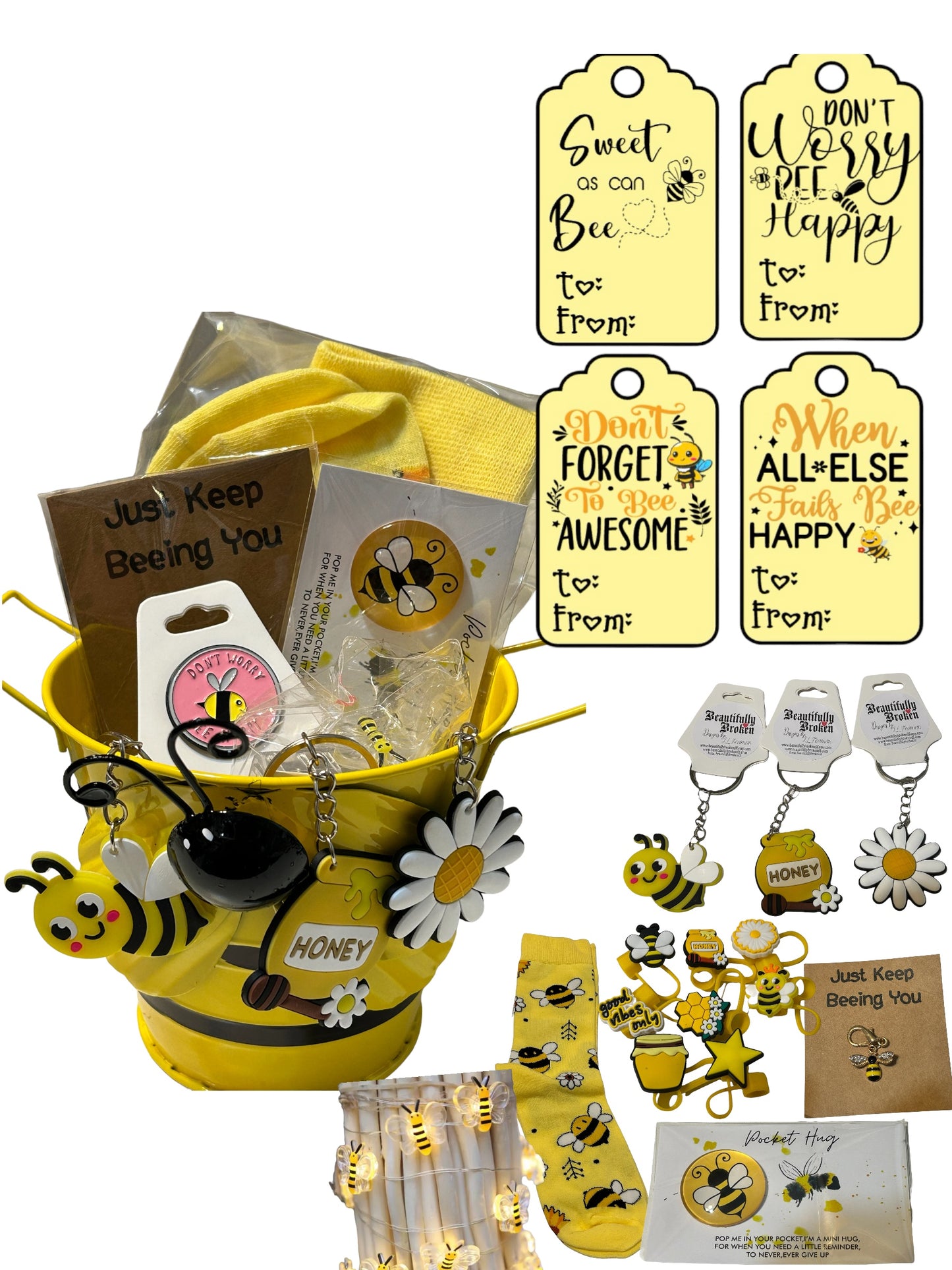 Bumblebee themed gift set, bee college care package, motivational final exam gift set, 4 gift tag messages to choose from, bee socks, bee charm, bee keychain