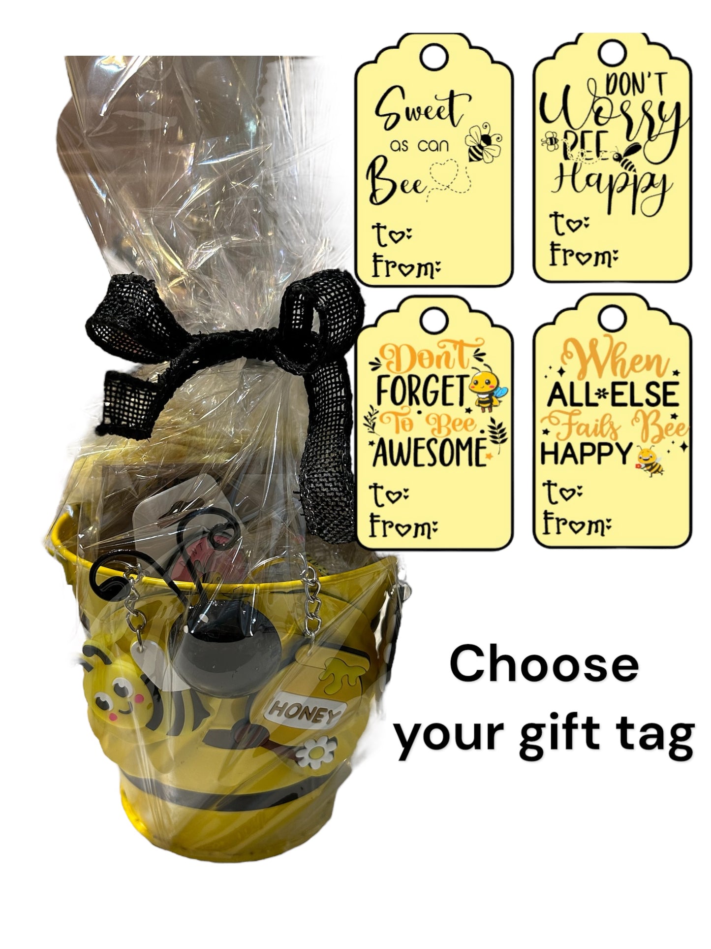 Bumblebee themed gift set, bee college care package, motivational final exam gift set, 4 gift tag messages to choose from, bee socks, bee charm, bee keychain