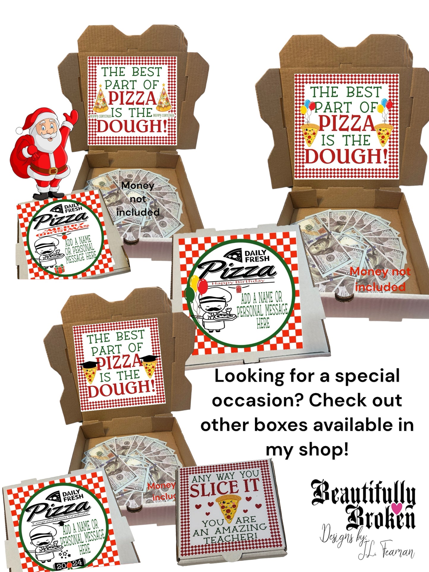 Personalized pizza box gift box -fun/creative money holder. Christmas money gift, pizza dough gift box, Santa gift box