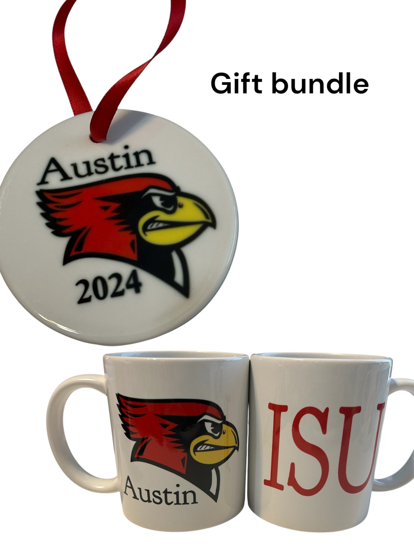 Personalized Illinois State University Christmas ornament and mug gift set, ISU redbird,