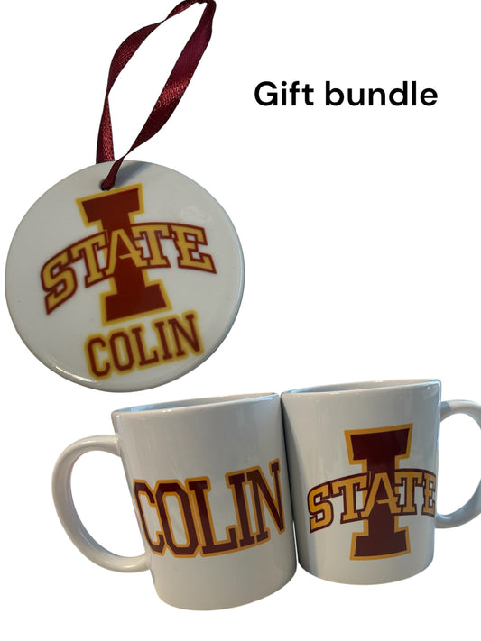 Personalized Iowa State University Christmas ornament and mug gift set, ISU,