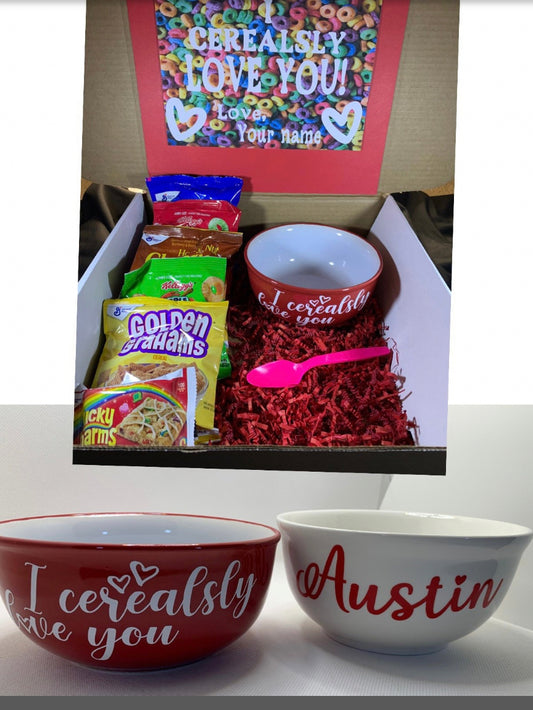 Personalized I cerealsly love you Valentines Day gift set/college care package- 2 colors to choose from. Gift box or bowl only