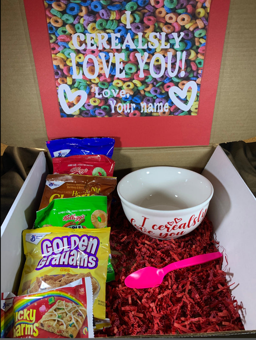 Personalized I cerealsly love you Valentines Day gift set/college care package- 2 colors to choose from. Gift box or bowl only