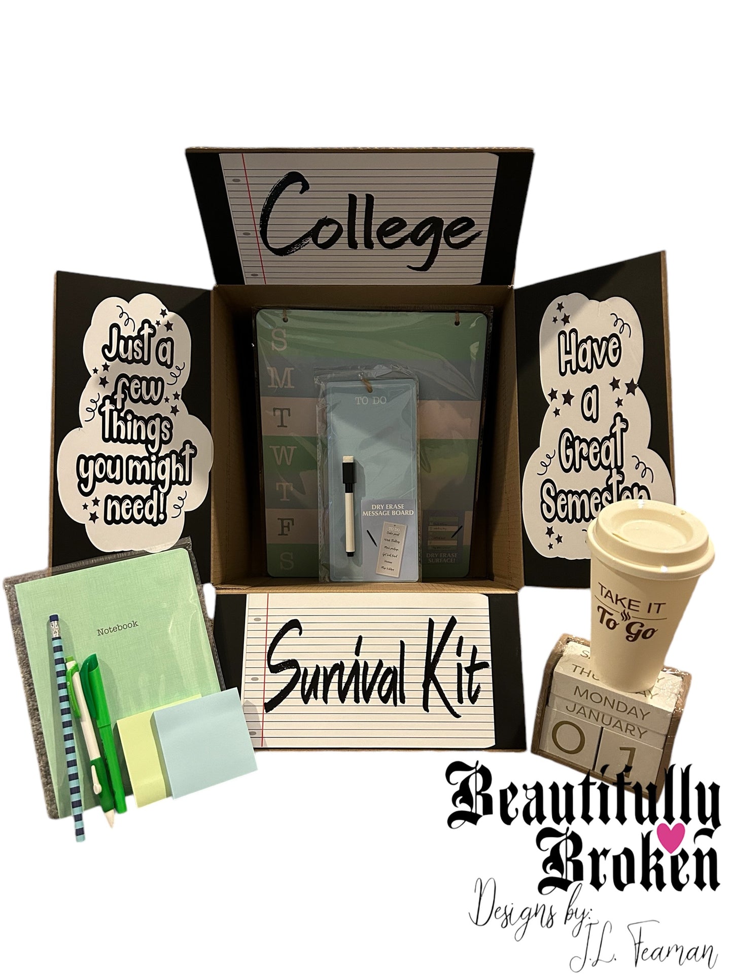 College Survival Kit with Whiteboards, School Supplies, coffee mug, calendar, notebook, and more! College care package