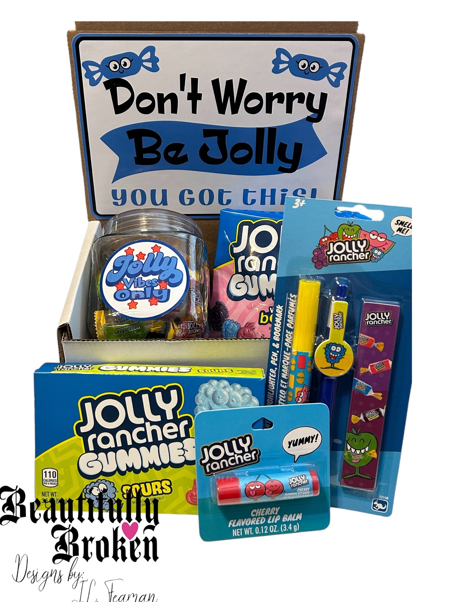 Don't worry, be jolly, Jolly Rancher themed gift set. Motivational care package, college care package, final exam care package, Jolly Rancher scented gift set