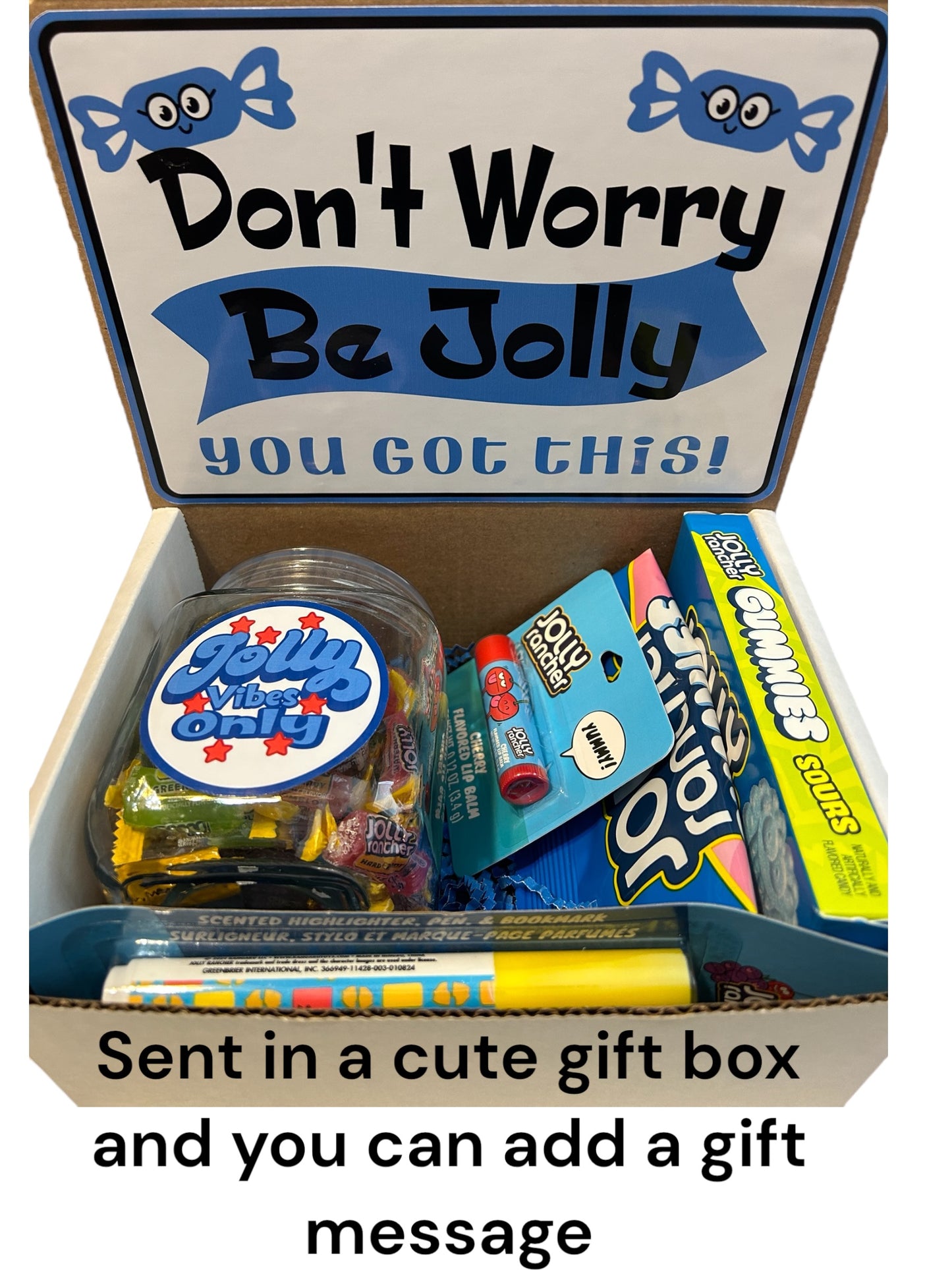 Don't worry, be jolly, Jolly Rancher themed gift set. Motivational care package, college care package, final exam care package, Jolly Rancher scented gift set