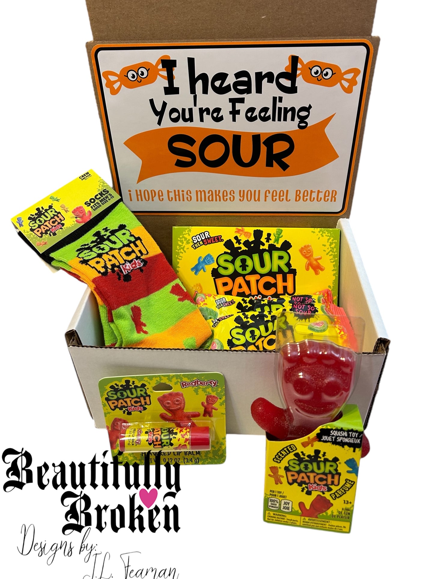 I heard you’re feeling sour care package with candy and socks. Sour candy, sour patch kids themed gift set, college care package, gift for kids, get well soon, motivational