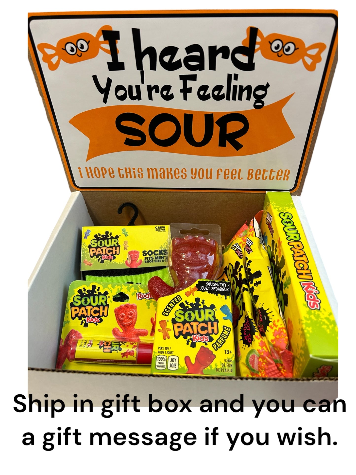 I heard you’re feeling sour care package with candy and socks. Sour candy, sour patch kids themed gift set, college care package, gift for kids, get well soon, motivational