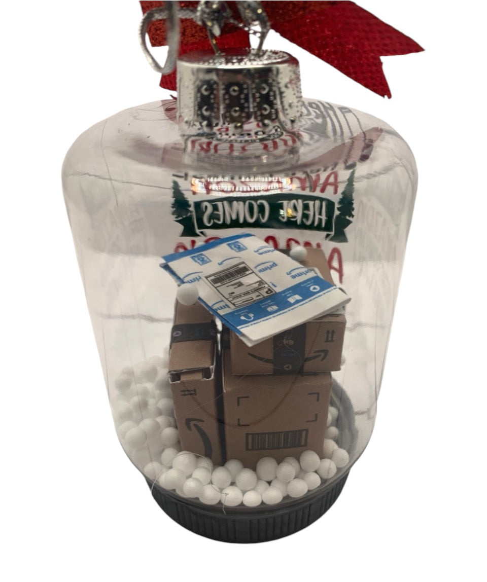 Here comes Amazon /shopping addict Christmas Ornament - Perfect gift for your favorite Amazon shopaholic. Tiny Amazon packages in ornament.