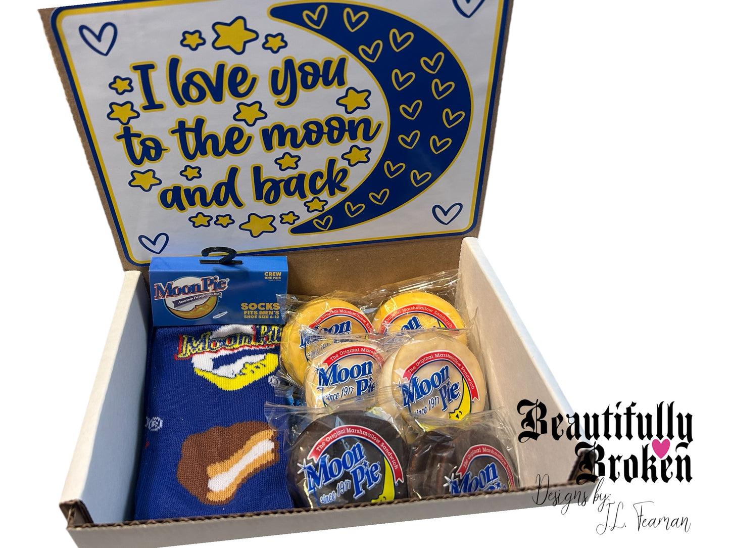 Moon Pie themed gift set. I love you to the moon and back. Motivational care package, college care package, final exam care package, moon pie socks, moon pie snack set