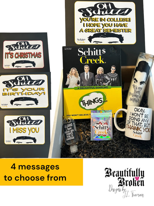 Schitts Creek themed gift set, Schitts Creek themed care package, David Rose mug, David Rose Candle, Schitts Creek Game, Schitts Creek Vinyle stickers, Schitts Creek Christmas Gift set