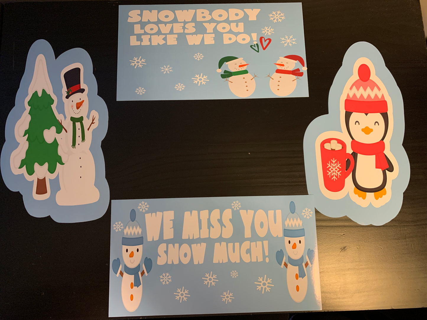 Snow/snowman themed care package box decor/stickers/labels - snowbody loves you like we do- we miss you snow much