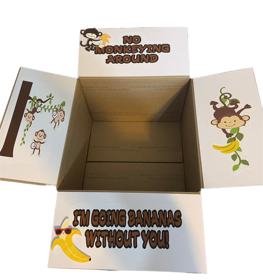 Monkey/banana themed care package box decor/stickers/labels - perfect for college students and loved ones.