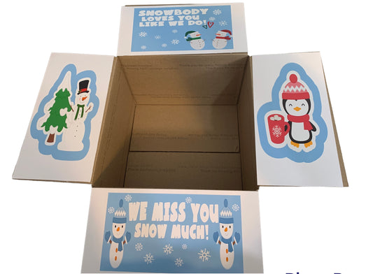 Snow/snowman themed care package box decor/stickers/labels - snowbody loves you like we do- we miss you snow much