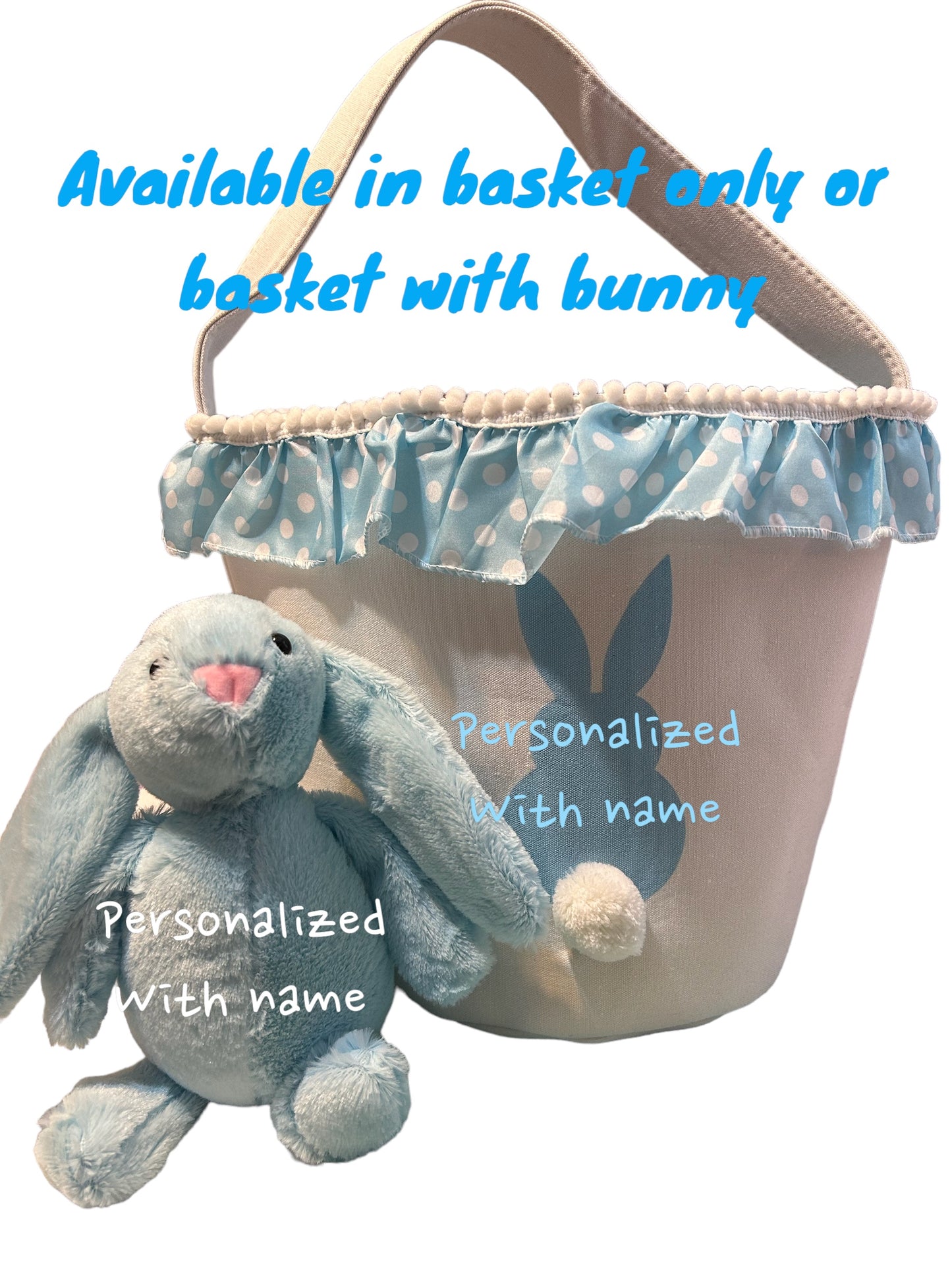 Personalized canvas Easter Basket. Pink, purple, or blue. Easter bunny tote with name with matching plush Easter bunny and bag of bunny bait