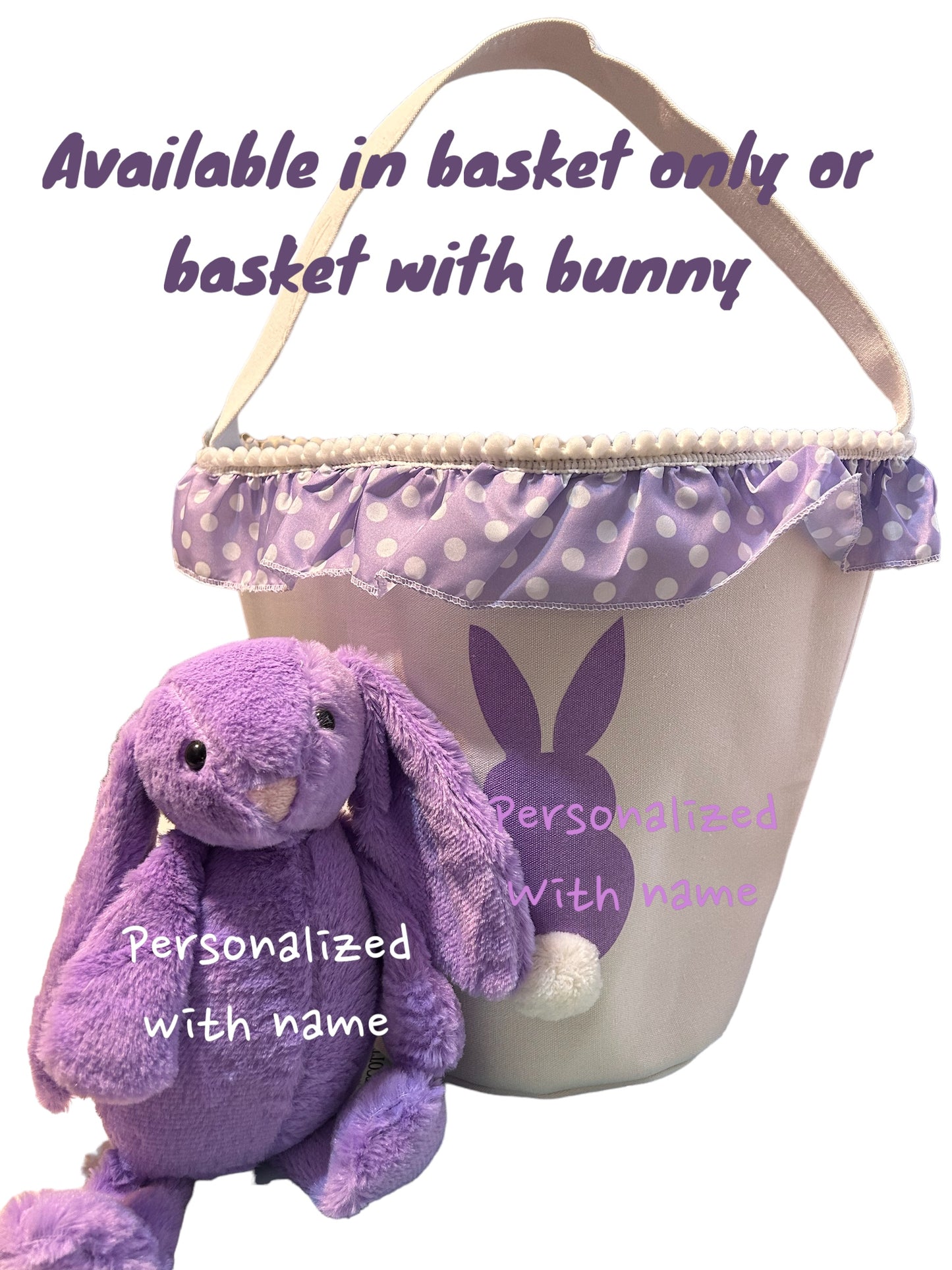 Personalized canvas Easter Basket. Pink, purple, or blue. Easter bunny tote with name with matching plush Easter bunny and bag of bunny bait