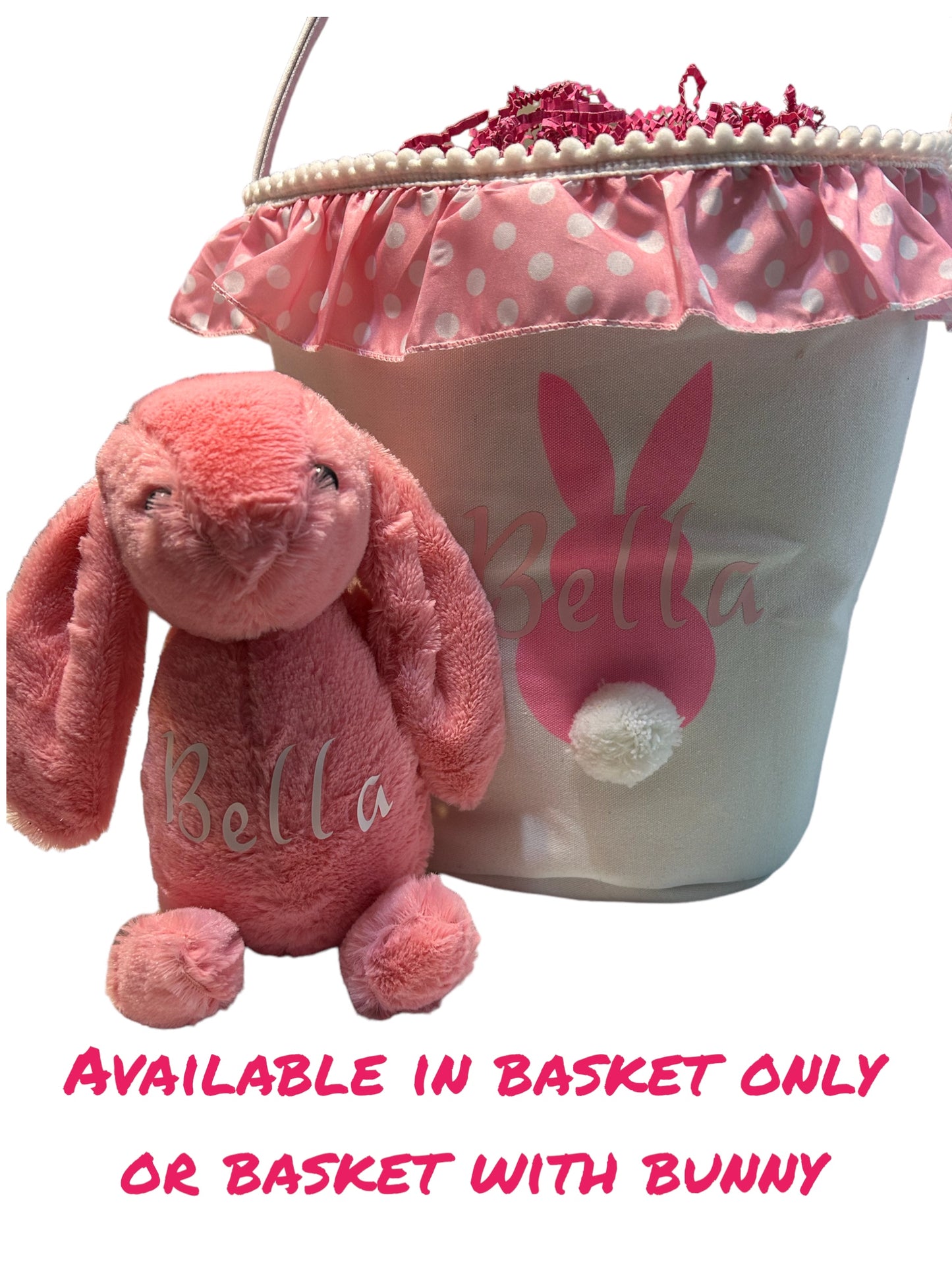 Personalized canvas Easter Basket. Pink, purple, or blue. Easter bunny tote with name with matching plush Easter bunny and bag of bunny bait