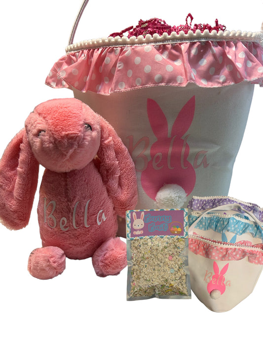 Personalized canvas Easter Basket. Pink, purple, or blue. Easter bunny tote with name with matching plush Easter bunny and bag of bunny bait