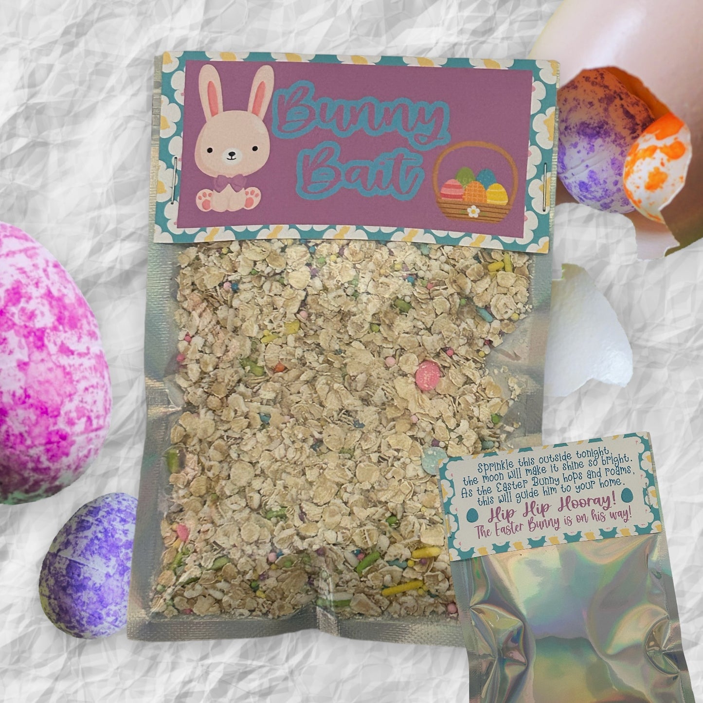 Personalized canvas Easter Basket. Pink, purple, or blue. Easter bunny tote with name with matching plush Easter bunny and bag of bunny bait